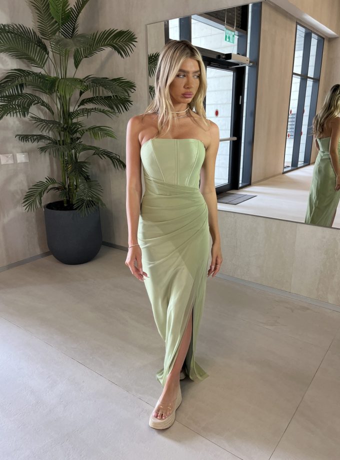 שמלת ערב אינס ירוק פיסטוק